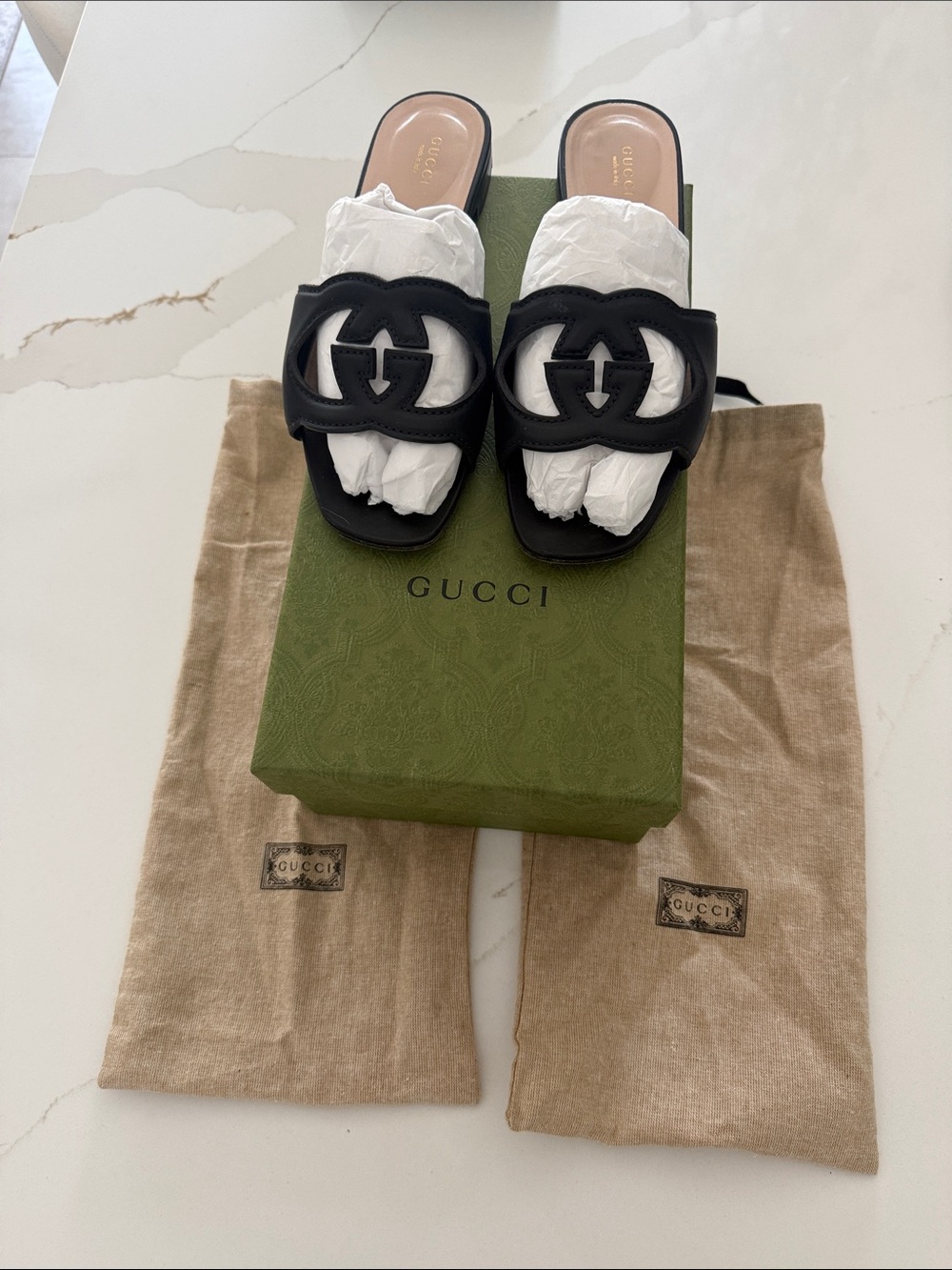 Gucci Black Leather Slide Sandals with Interlocking G Detail